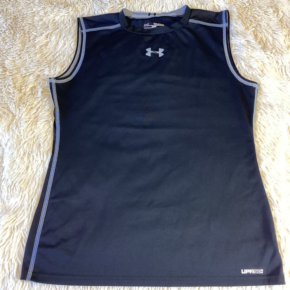 Under Armour Fitted Heat Gear Black/Gray Sleeveless Shirts‎ Boys YXL UPF 50